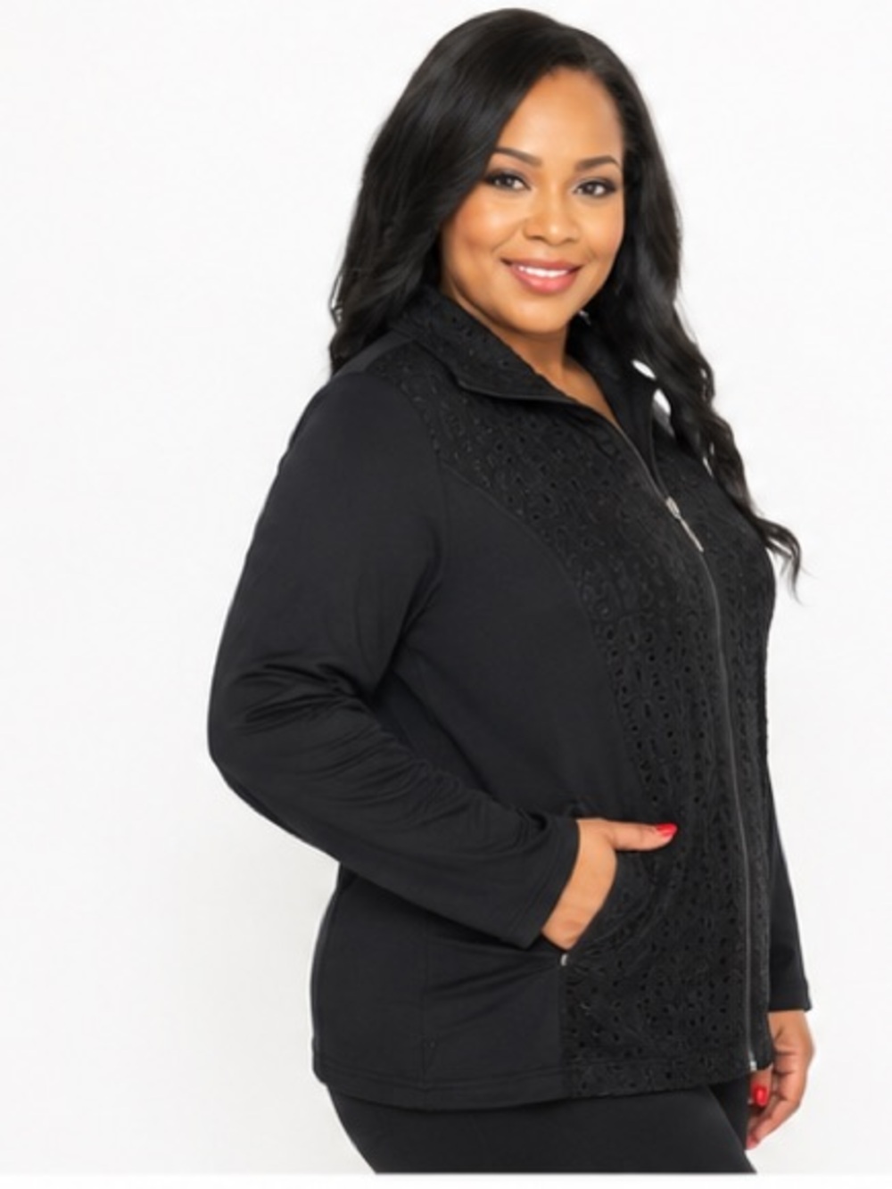 Black Eyelet Front Zip Women's Jacket, like new, size large